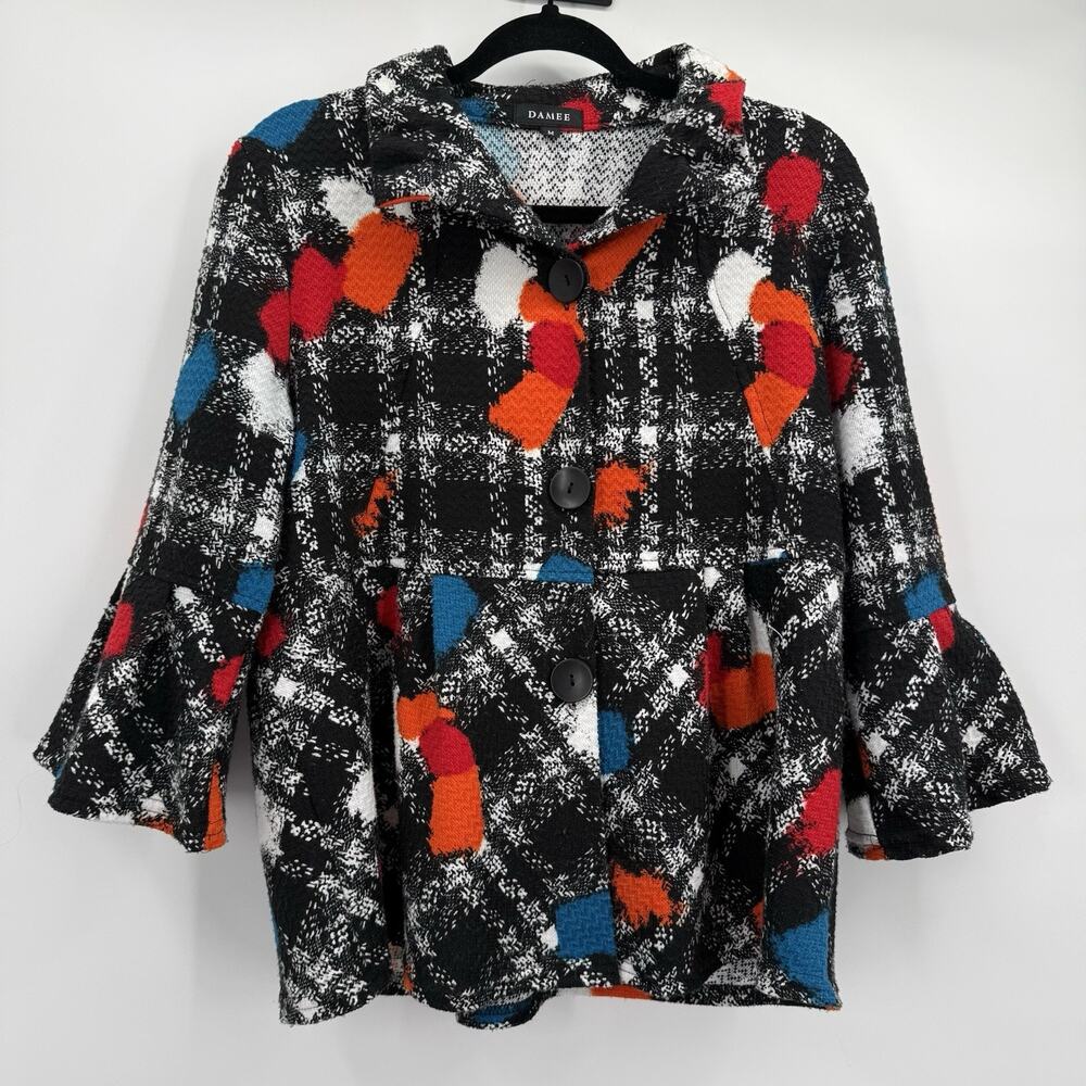 Damee Jacket Womens Medium Black Peplum Bell‎ Sleeve Art Topper Knit